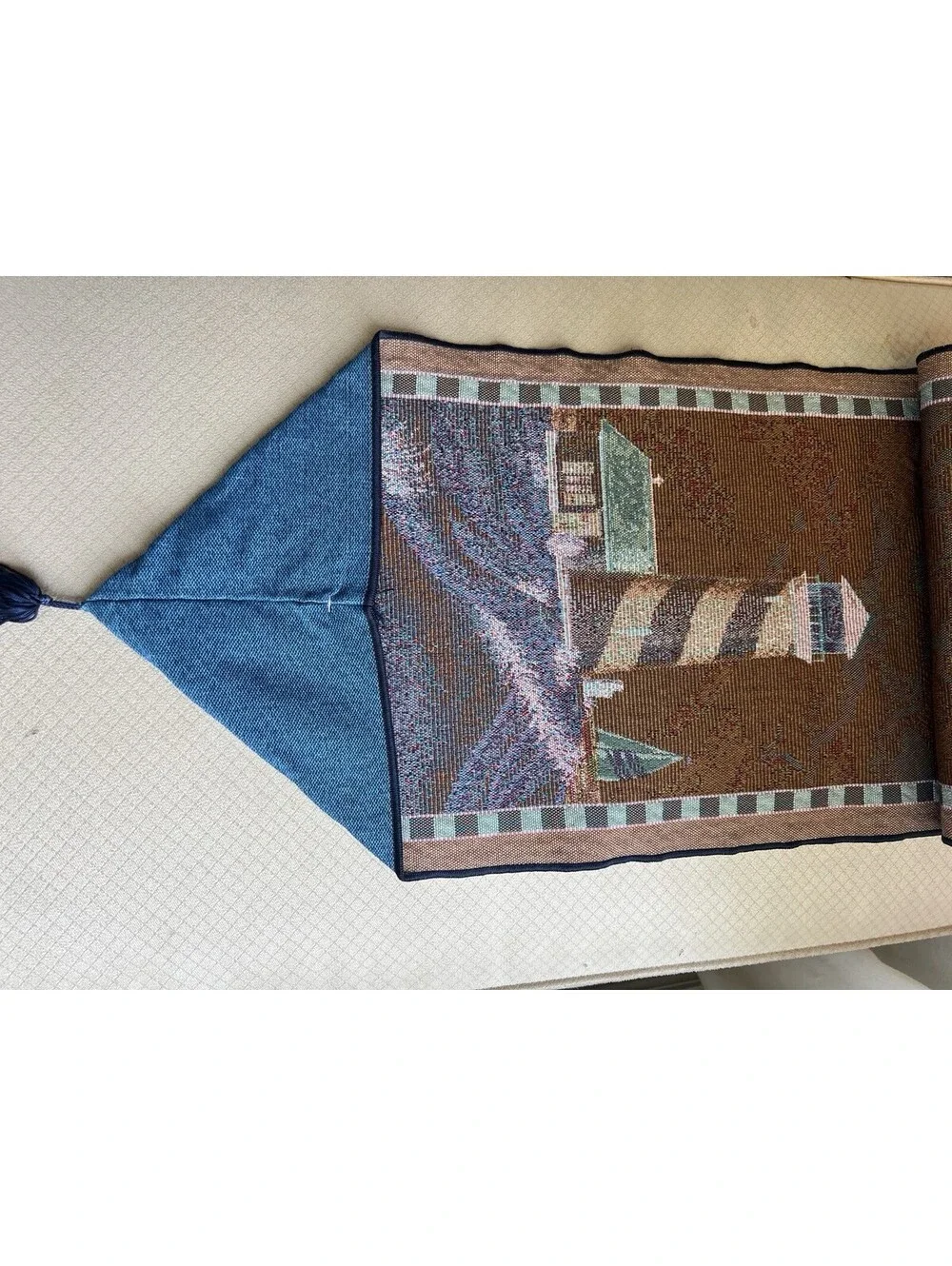Lighthouse Tapestry Table Runner With Tassels 13x72 Beach House Theme Nautical